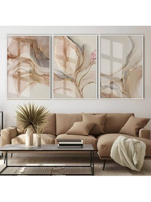 krem-Bej-Pembe Soyut Kombin |çerçeveli Cam Tablo  3lü Dikey