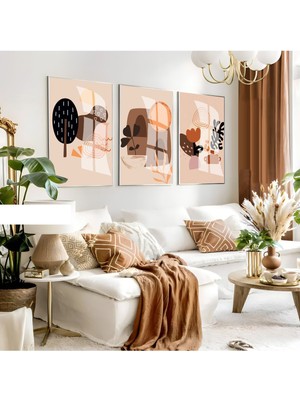 turuncu-Krem Minimalist Bohem Seti |çerçeveli Cam Tablo 3lü Dikey