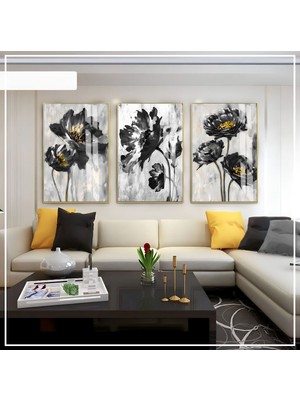 gri-Siyah -Gold Soft Renk Soyut Seti 05 |çerçeveli Cam Tablo 3lü Dikey