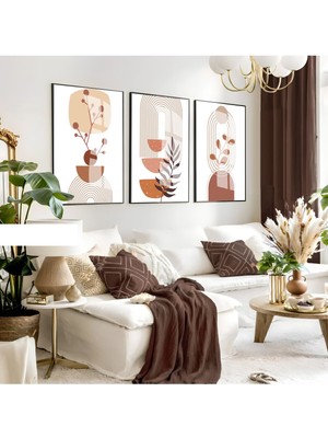 beyaz-Gri-Krem Yapraklı Minimalist Bohem Seti |çerçeveli Cam Tablo 3lü Dikey