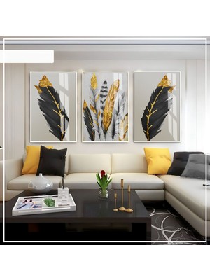 siyah-Gri-Gold  Soyut Yaprak Tüy Seti |çerçeveli Cam Tablo 3lü Dikey