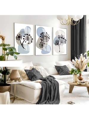 soft Gri Mavi Minimalist Yapraklı Set 02 |çerçeveli Cam Tablo 3lü Dikey