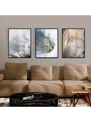 mavi-Beyaz-Krem Çiçek Kombini |çerçeveli Cam Tablo  3lü Dikey