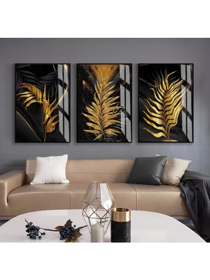 siyah-Gold Renk Soyut Çiçek ve Püskül Kombin 1 |çerçeveli Cam Tablo 3lü Dikey