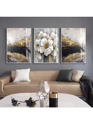 antrasit-Gold Renk Sevilen Çiçek Soyut Kombin |çerçeveli Cam Tablo 3lü Dikey