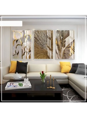 gri-Gold Soft Renk Soyut Yaprak Çiçek Seti |çerçeveli Cam Tablo 3lü Dikey