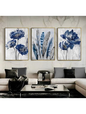 lacivert-Gümüş Soft Renk Çiçek Yaprak Seti 1 |çerçeveli Cam Tablo 3lü Dikey