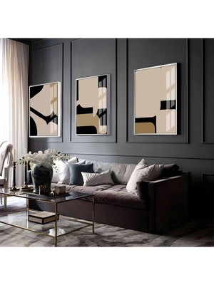 bej-Siyah-Krem Soyut Abstract Kombin 05 |çerçeveli Cam Tablo 3lü Dikey