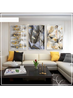 siyah-Gold-Gri Soyut Seti 04 |çerçeveli Cam Tablo 3lü Dikey