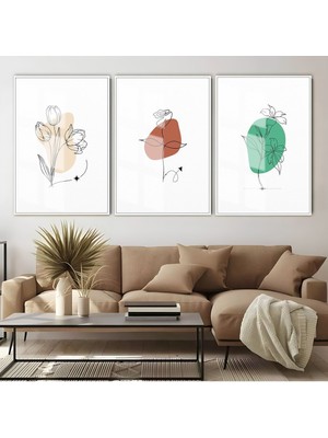 çizgi Desen Çiçekler Kombini |çerçeveli Cam Tablo  3lü Dikey