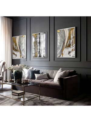 gri-Gold-Siyah Soyut Abstract Kombini 02 |çerçeveli Cam Tablo 3lü Dikey