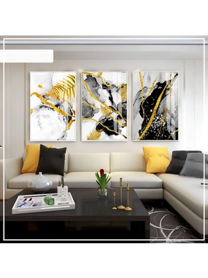 siyah -Gold Soft Renk Soyut Seti 02 |çerçeveli Cam Tablo 3lü Dikey
