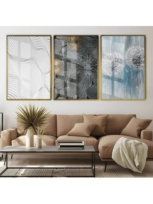 siyah-Mavi-Gri Soyut Kombin |çerçeveli Cam Tablo  3lü Dikey
