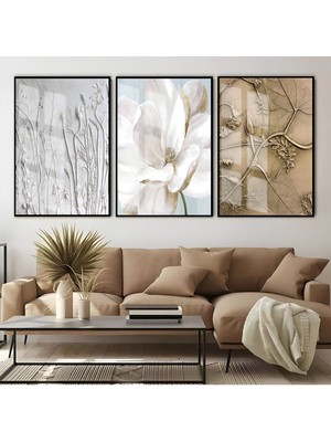 kabartmasız Çiçekler Kombini  |çerçeveli Cam Tablo  3lü Dikey