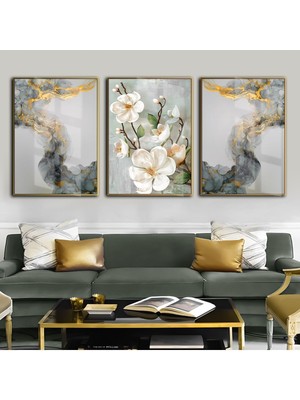 su Yeşili-Gold En Şık Çiçek Kombini|çerçeveli Temperli Cam Tablo 3lü Dikey