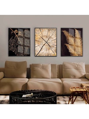 siyah-Gold Kütük/ Yaprak Kombini |çerçeveli Cam Tablo  3lü Dikey