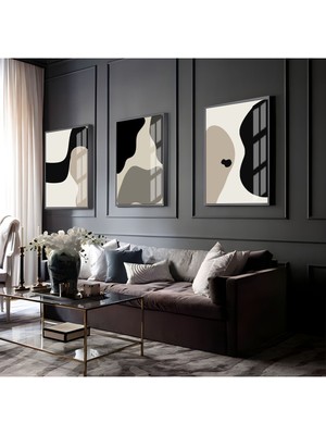 bej-Siyah-Krem Soyut Abstract Kombin 1 |çerçeveli Cam Tablo 3lü Dikey
