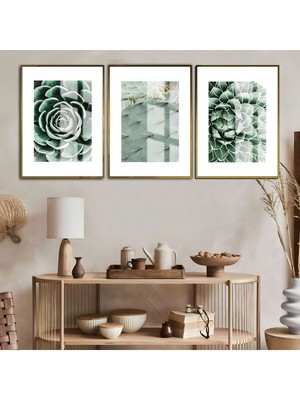 yeşil-Beyaz Kaktüs Kombini|çerçeveli Cam Tablo 3lü Dikey