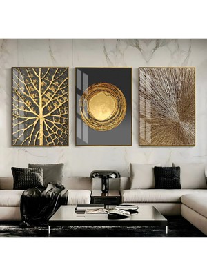 gri-Gold Sevilen Soyut Abstract Kombin 03|çerçeveli Cam Tablo 3lü Dikey