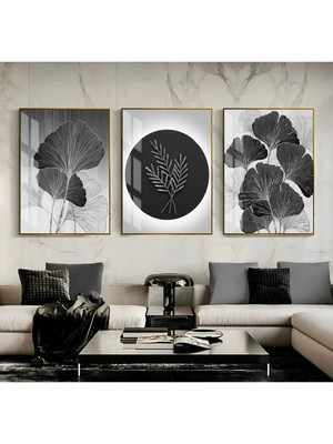 siyah Beyaz Renk Sonsuzluk Çiçeği Kombini |çerçeveli Cam Tablo 3lü Dikey