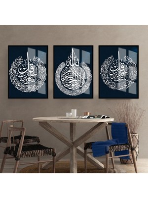 felak-Nas-Ayetel Kursi Lacivert-Beyaz|çerçeveli Cam Tablo 3lü Dikey