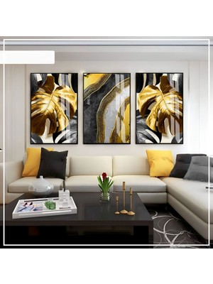 beyaz-Siyah-Gold Soyut Yaprak  Seti 1  |çerçeveli Cam Tablo 3lü Dikey