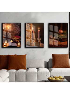 sıcak Renkler Mum Tablo Kombini |çerçeveli Cam Tablo 3lü Dikey