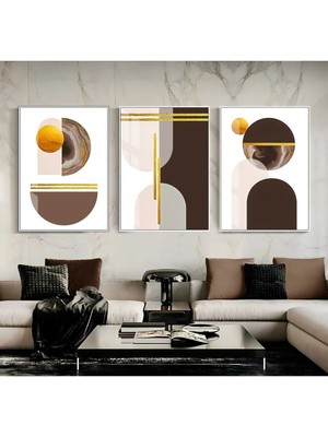kahverengi Gold Krem Soyut Şekiller 2 |çerçeveli Cam Tablo 3lü Dikey