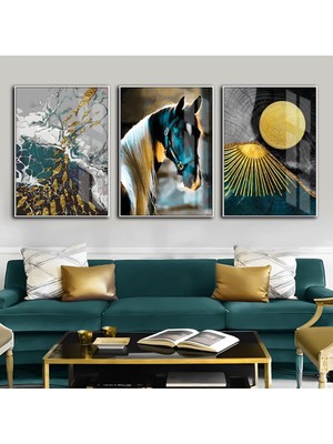 turkuaz-Gold At ve Soyut Kombini|çerçeveli Cam Tablo 3lü Dikey