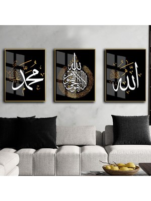 allah-Hzmuhammed-Ayetelkursi Gold-Siyah |çerçeveli Cam Tablo 3lü Dikey