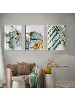 yeşil Gold Yaprak ve Çiçek Kombin 1|çerçeveli Cam Tablo 3lü Dikey