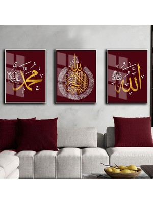 allah-Hzmuhammed-Ayetelkursi Gold-Bordo|çerçeveli Cam Tablo 3lü Dikey