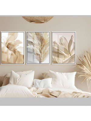 soft-Beyaz Çiçek ve Yaprak Kombini|çerçeveli Temperli Cam Tablo 3lü Dikey