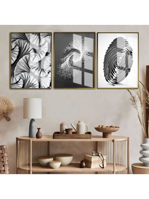 siyah-Beyaz Abtract Art 01 |çerçeveli Cam Tablo 3lü Dikey