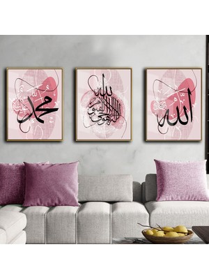 hz Muhammed-Allah(Cc)-Ayetel Kursi Kombini Pembe|çerçeveli Cam Tablo 3lü Dikey