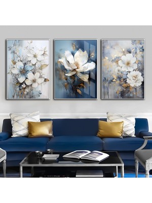 mavi-Gold Renk  Soft Çiçek Yaprak Kombin 3 |çerçeveli Cam Tablo 3lü Dikey