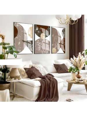 gri-Kahve Geometrik Bohem Seti |çerçeveli Cam Tablo 3lü Dikey