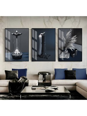 Harikabirev|lacivert-Gümüş 8 Şık Mum ve Tütsü |çerçeveli Temperli Cam Tablo 3lü Dikey