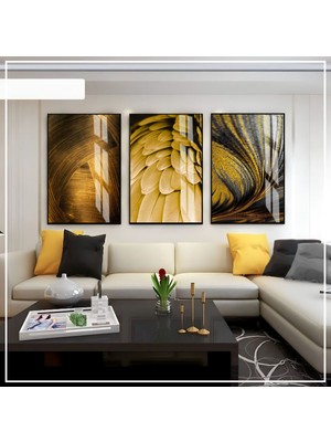 siyah-Gold Soyut Tüy Seti 01 |çerçeveli Cam Tablo 3lü Dikey