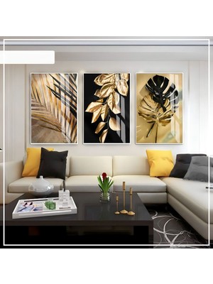 siyah -Gold Renk Yaprak Set 01 |çerçeveli Cam Tablo 3lü Dikey
