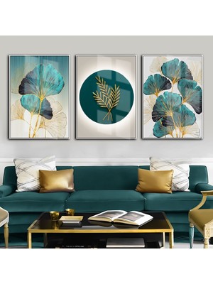turkuaz-Gold En Şık Sonsuz Çiçek Kombini|çerçeveli Temperli Cam Tablo 3lü Dikey