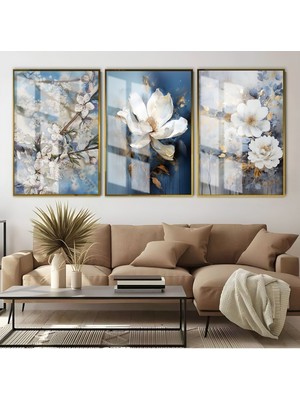 mavi-Beyaz Çiçek Kombini |çerçeveli Cam Tablo  3lü Dikey