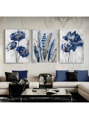 lacivert-Gümüş Soft Renk Çiçek Yaprak Seti 1 |çerçeveli Cam Tablo 3lü Dikey