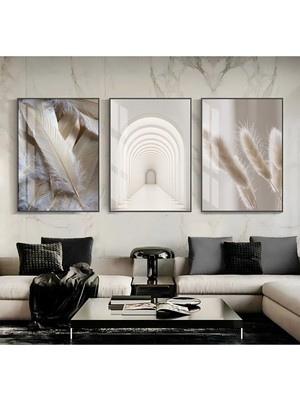 soft-Krem Soyut Abstracrt Kombini |çerçeveli Cam Tablo 3lü Dikey