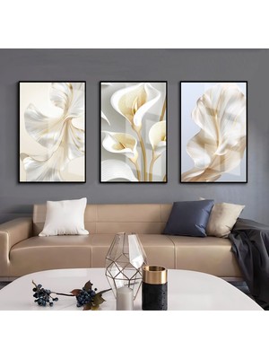 beyaz-Gold Çiçek Kombin |çerçeveli Cam Tablo  3lü Dikey