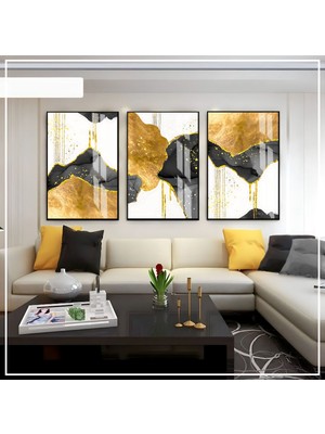 siyah-Gold-Beyaz Soyut Seti 01 |çerçeveli Cam Tablo 3lü Dikey