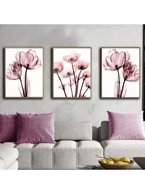 pudra Pembe Renk 3 Lü Soyut Çiçek |çerçeveli Cam Tablo 3lü Dikey