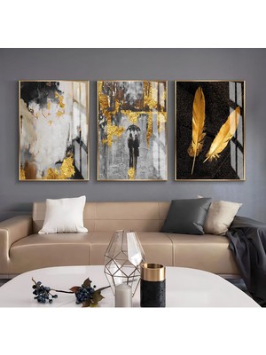 siyah-Gold Renk Soyut Çift Tüy Kombini|çerçeveli Cam Tablo 3lü Dikey