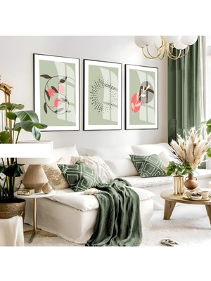 soft Yeşil-Pembe Minimalist Balık Kombini|çerçeveli Cam Tablo 3lü Dikey