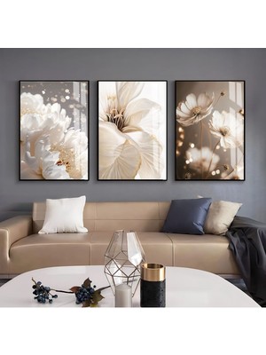 Krem Soft Renk Çiçek Kombini (Karnaval) Çerçeveli Temperli Cam Tablo 3lü Dikey